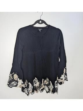 Alfani Sweater Tunic Womens Medium Black Floral Lace Hem Long Sleeve Embroidered